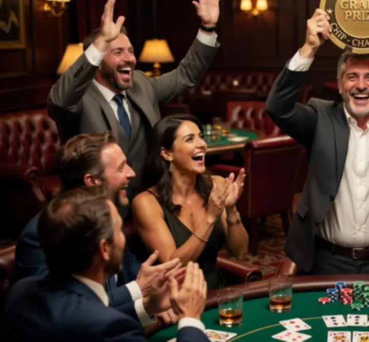 Zwycięzcy i uczestnicy turniejów pokerowych pozujący do zdjęcia w klubie CYH Holding B.V.